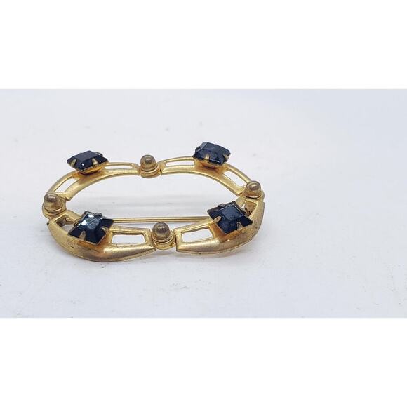 Vintage 10k Gold Plate Brooch Pin Art Deco Oval Openwork Black Rhinestone - Picture 14 of 16